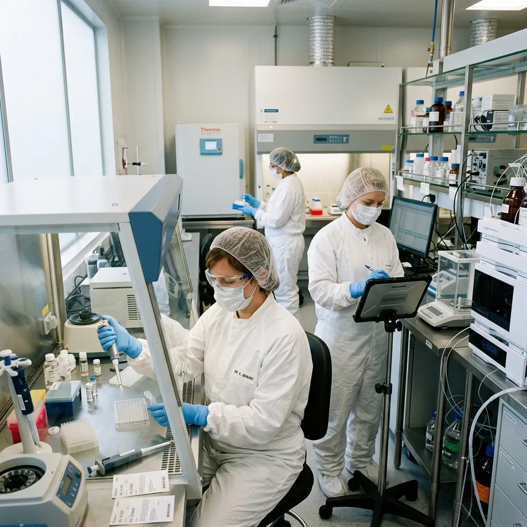 Scientists working in a modern pharmaceutical manufacturing laboratory